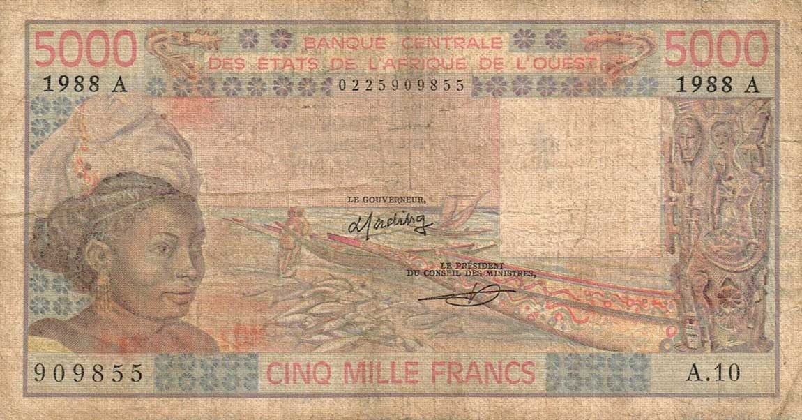 Front of West African States p108Af: 5000 Francs from 1988