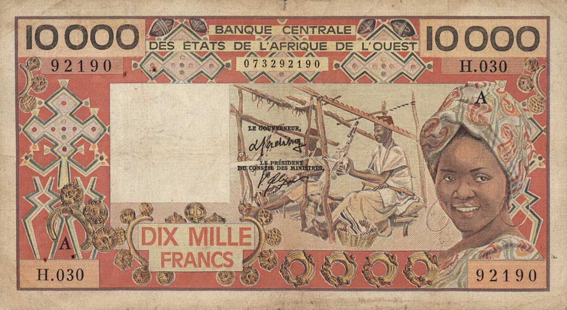 Front of West African States p109Ah: 10000 Francs from 1977