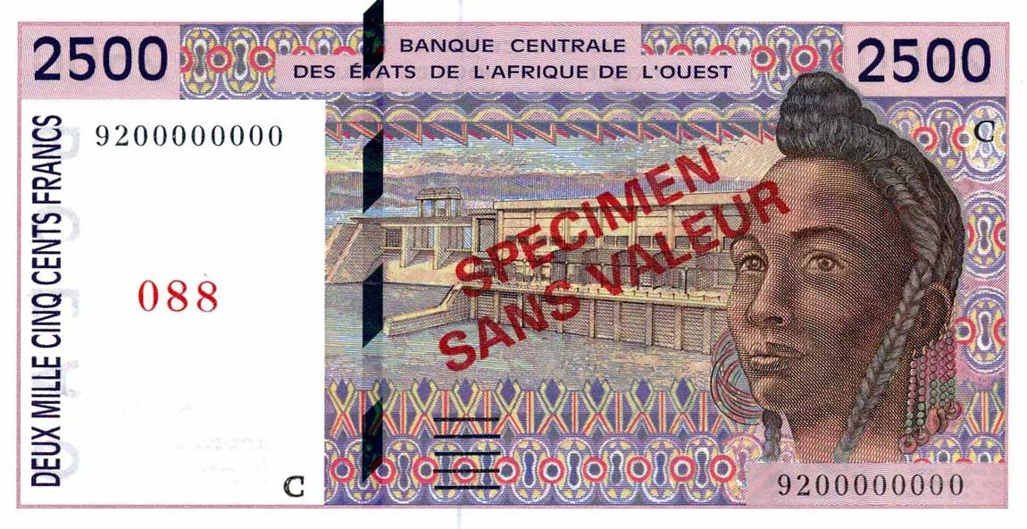 Front of West African States p212Bs: 2500 Francs from 1992
