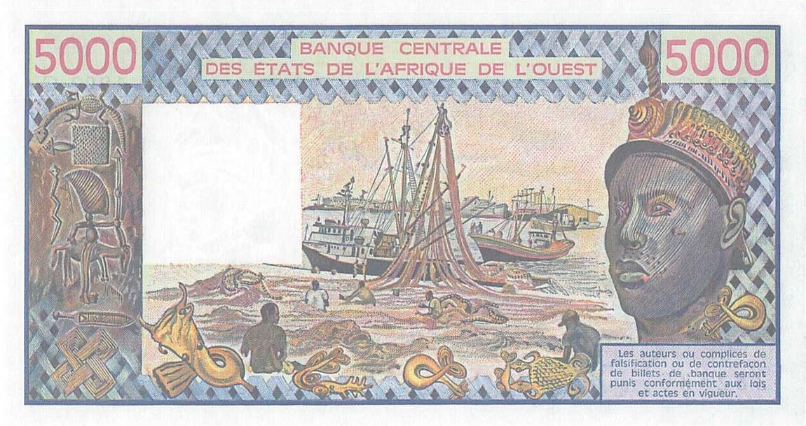 Back of West African States p308Cq: 5000 Francs from 1992