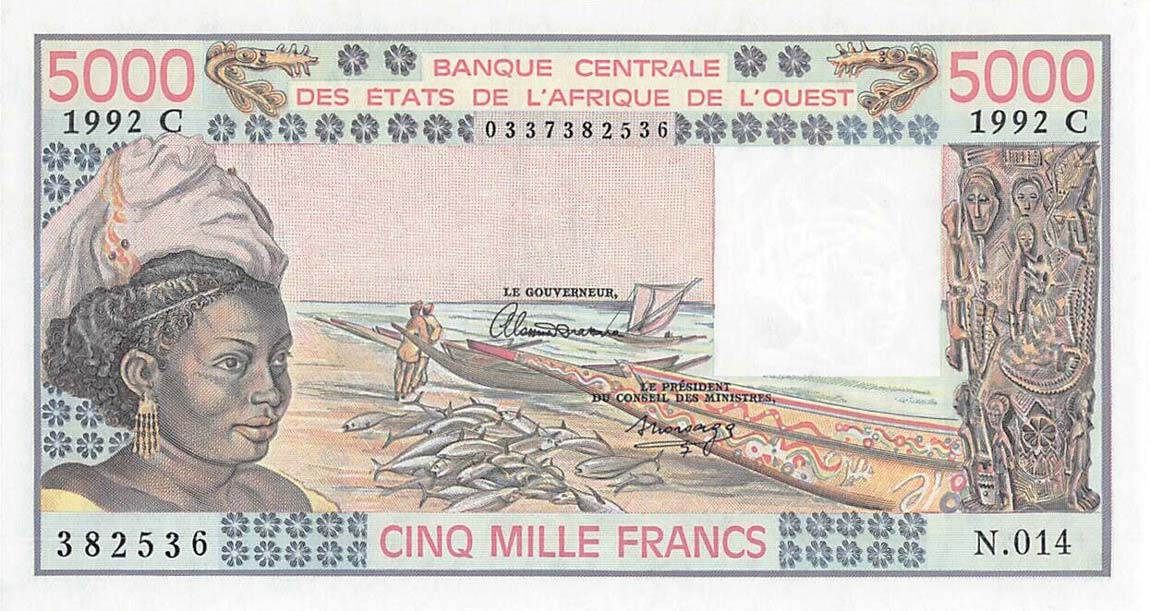 Front of West African States p308Cq: 5000 Francs from 1992