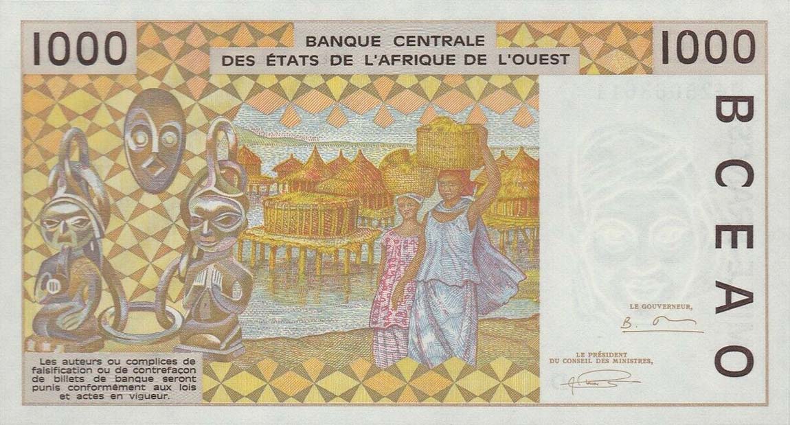 Back of West African States p411Dd: 1000 Francs from 1994