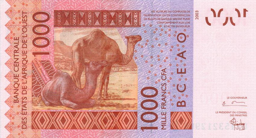 Back of West African States p415Da: 1000 Francs from 2003