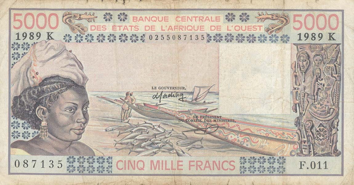 Front of West African States p708Ke: 5000 Francs from 1989