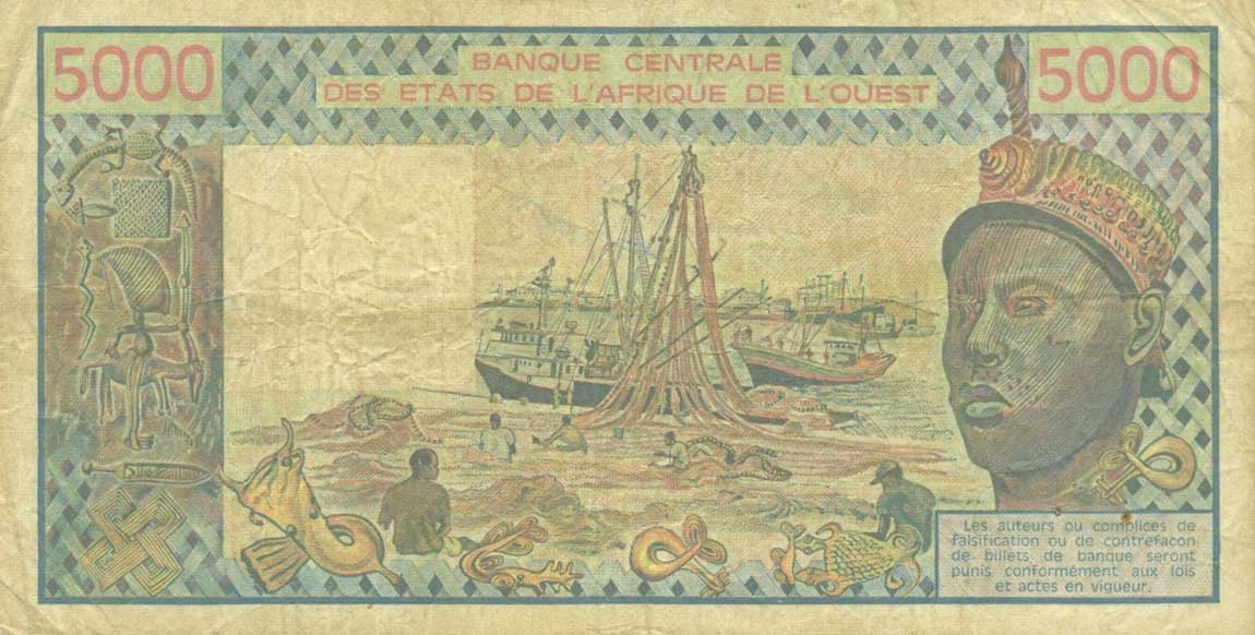 Back of West African States p708Ko: 5000 Francs from 1992