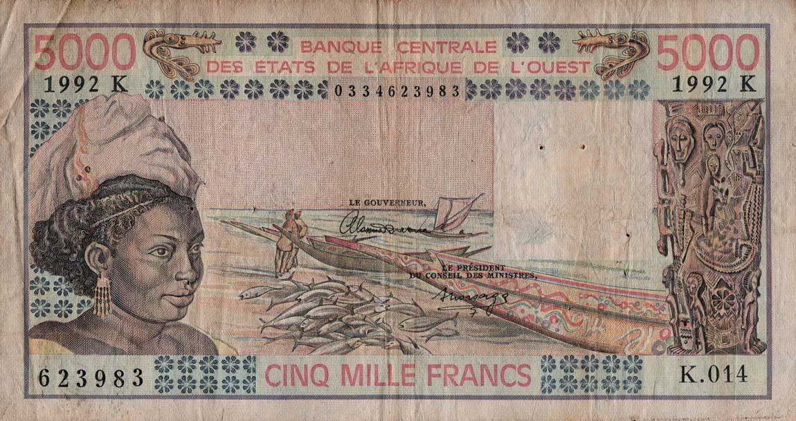 Front of West African States p708Kp: 5000 Francs from 1992