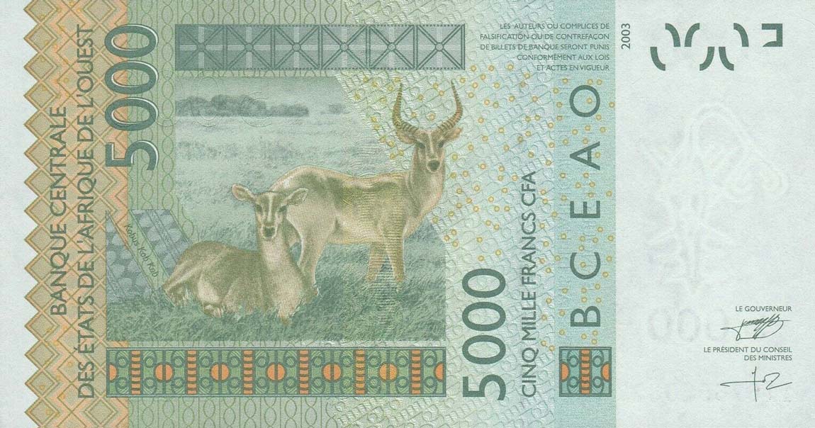 Back of West African States p717Kj: 5000 Francs from 2011