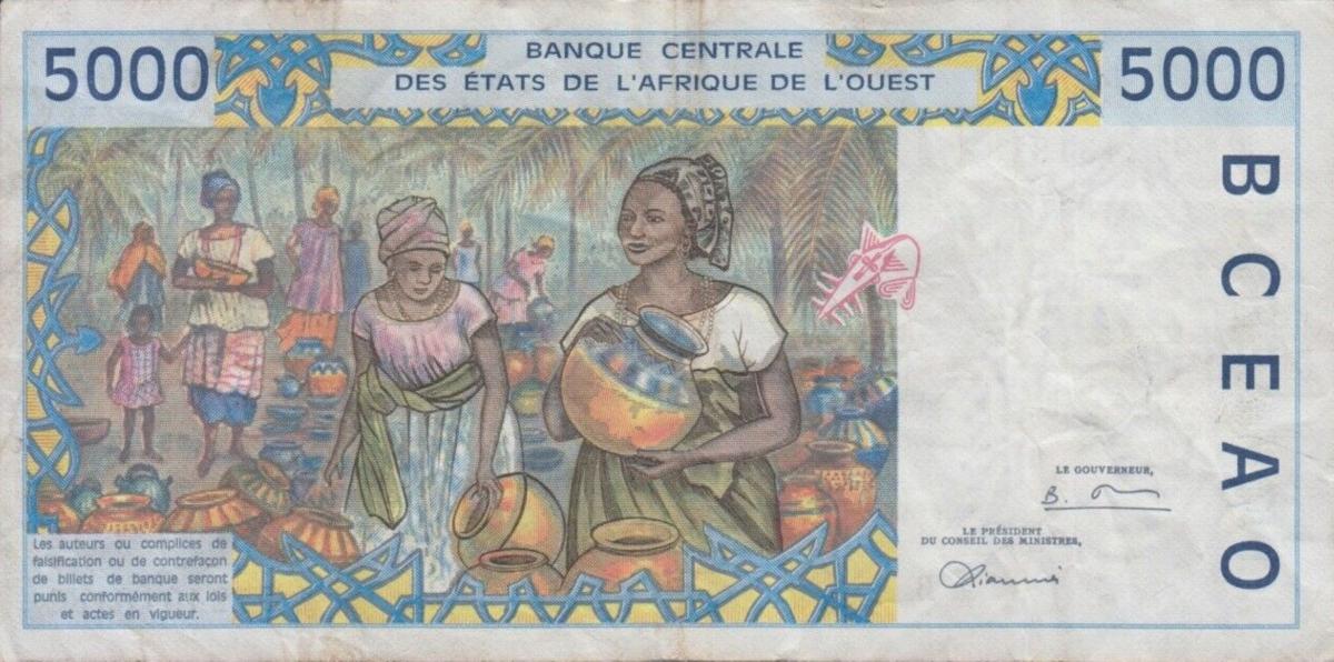 Back of West African States p213Bf: 5000 Francs from 1997