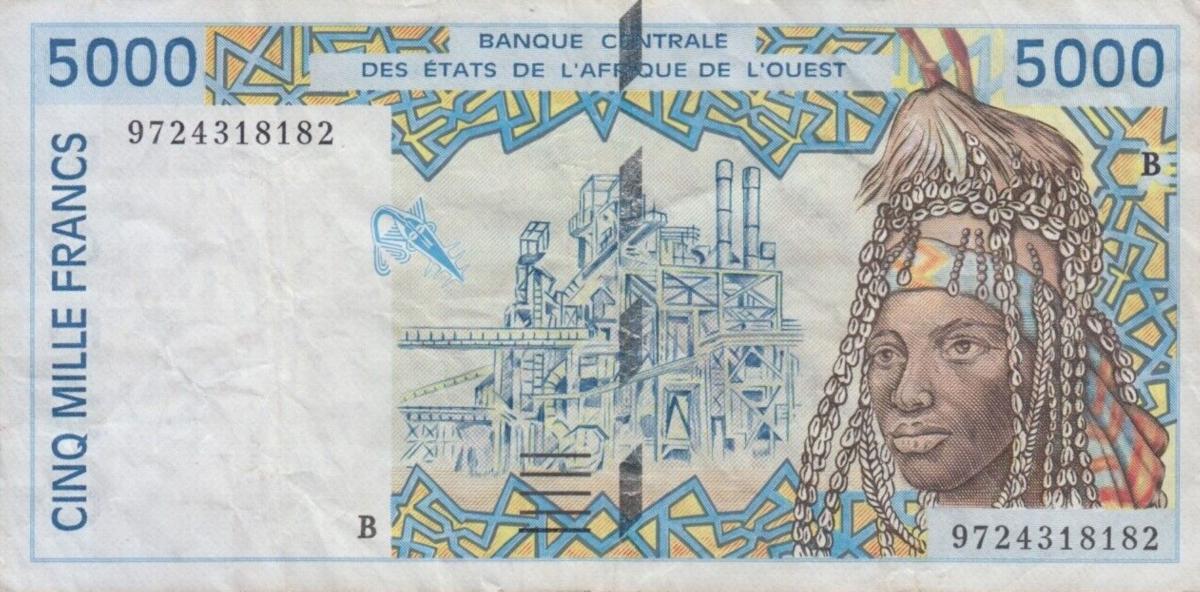 Front of West African States p213Bf: 5000 Francs from 1997