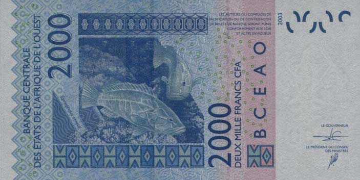Back of West African States p416Dp: 2000 Francs from 2016