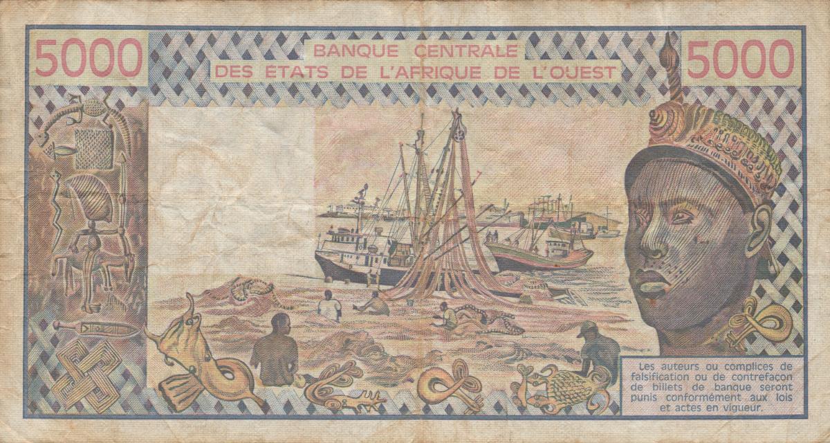 Back of West African States p608Hl: 5000 Francs from 1987