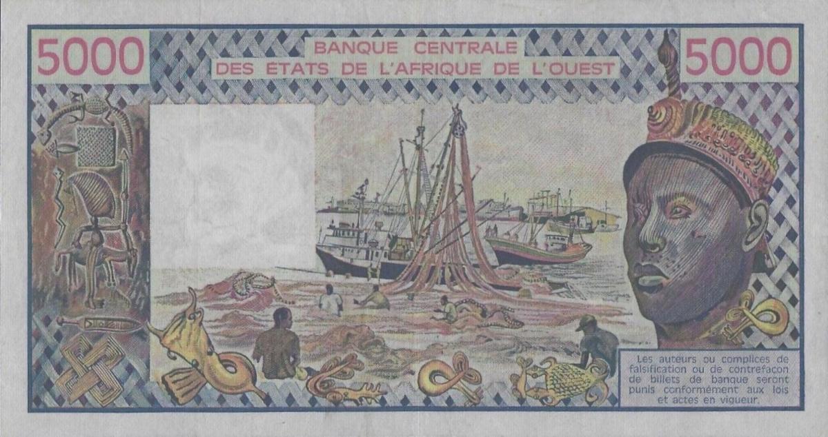 Back of West African States p808Tj: 5000 Francs from 1990