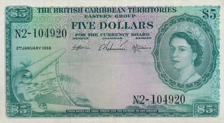 Front of British Caribbean Territories p9b: 5 Dollars from 1955