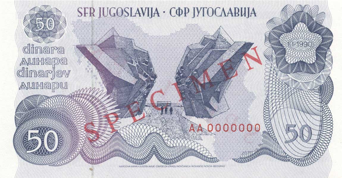 Front of Yugoslavia p101s: 50 Dinara from 1990