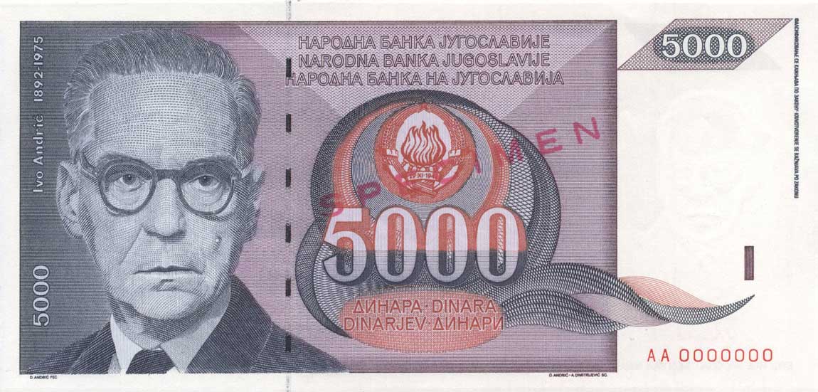 Front of Yugoslavia p111s: 5000 Dinara from 1991