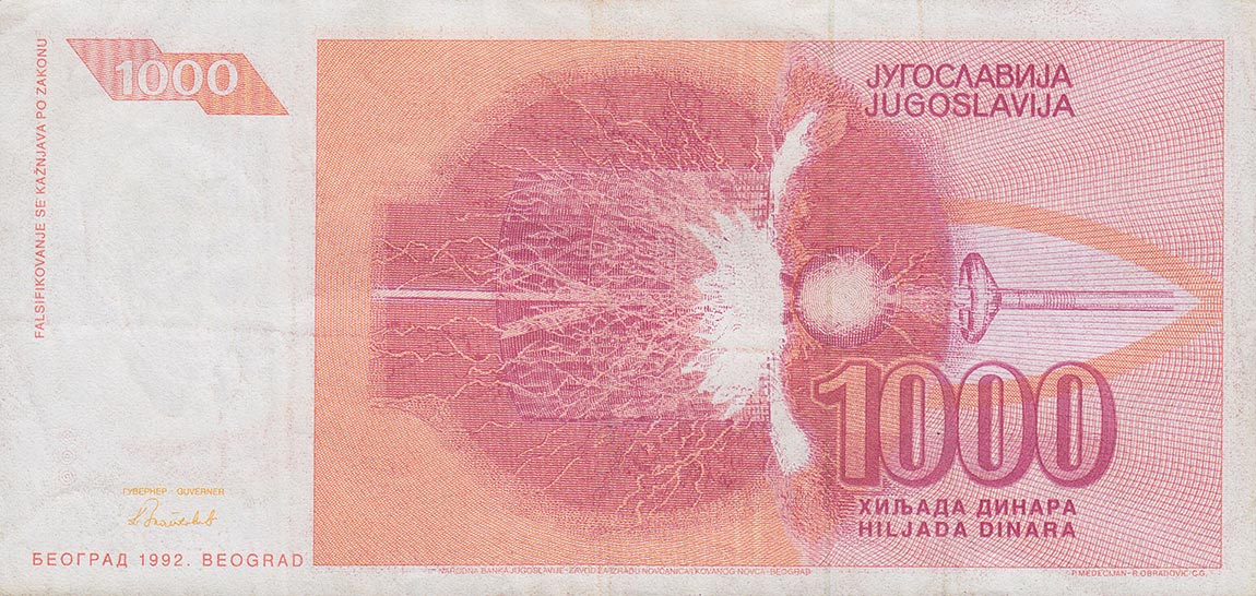 Back of Yugoslavia p114a: 1000 Dinara from 1992