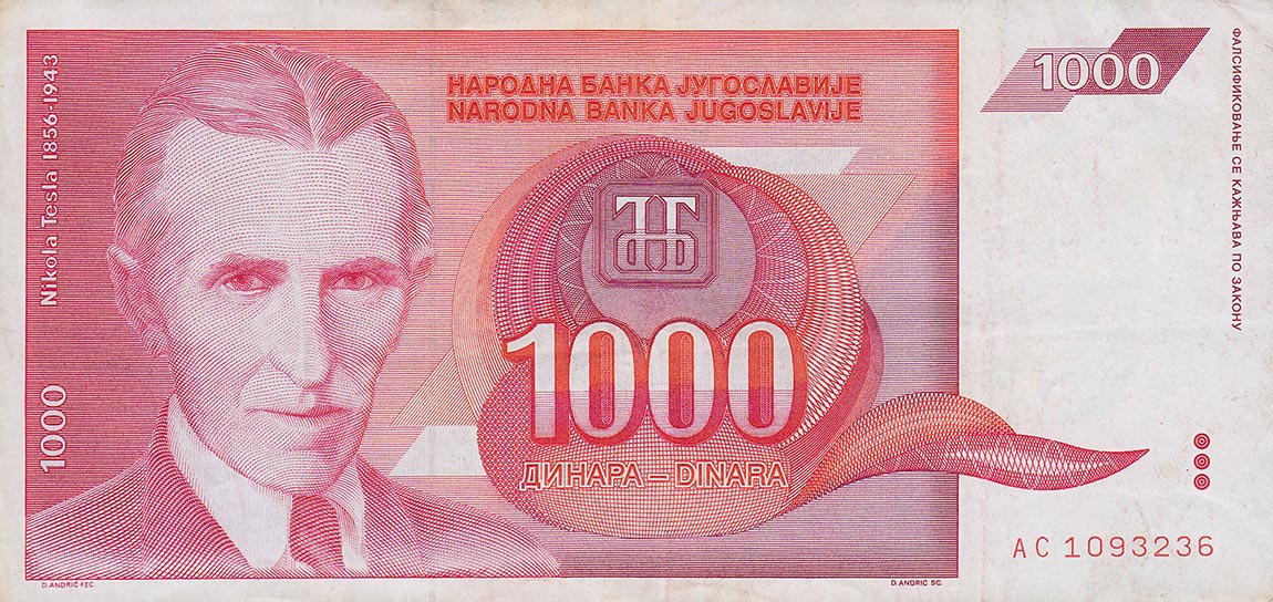 Front of Yugoslavia p114a: 1000 Dinara from 1992