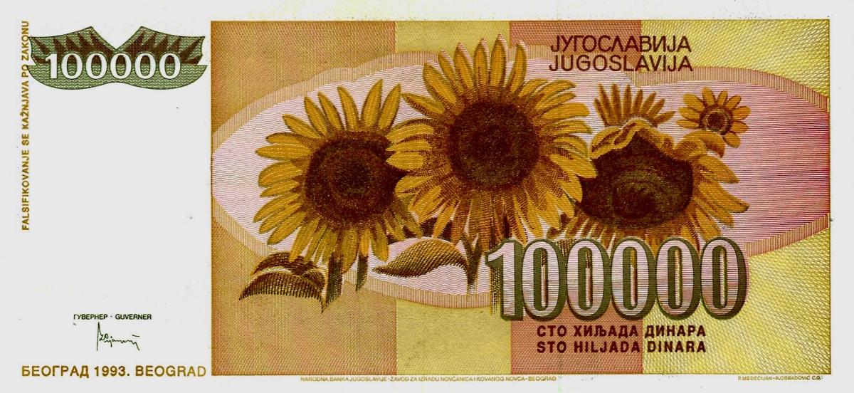 Back of Yugoslavia p118a: 100000 Dinara from 1993