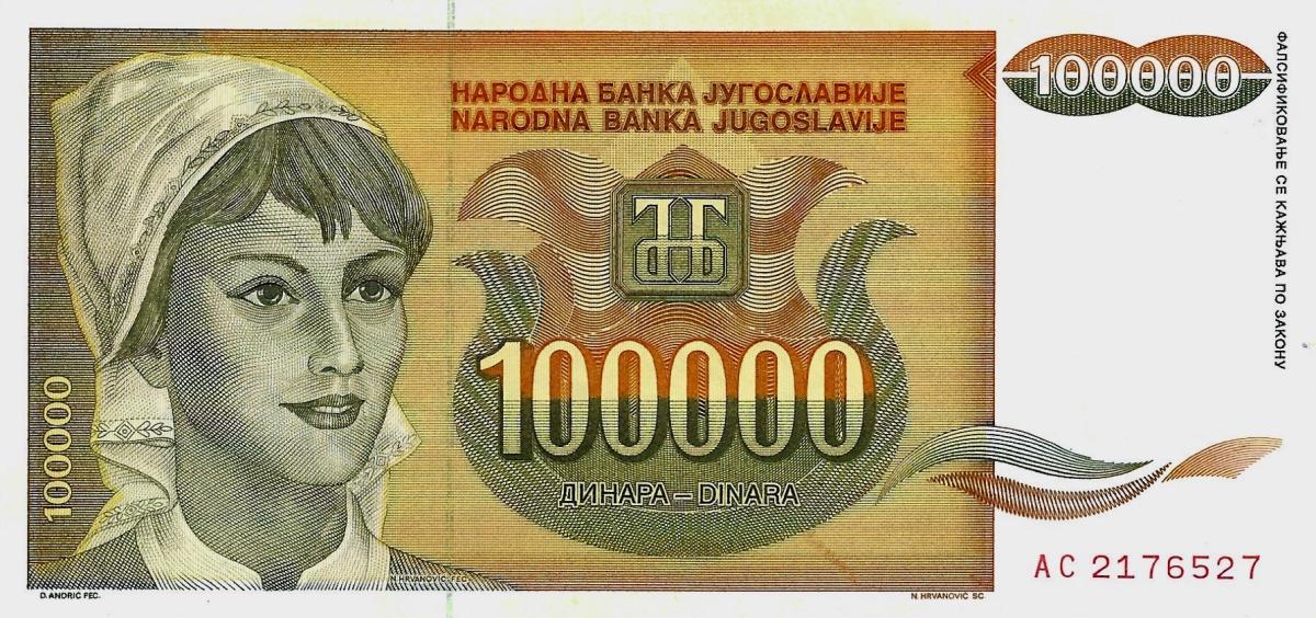 Front of Yugoslavia p118a: 100000 Dinara from 1993