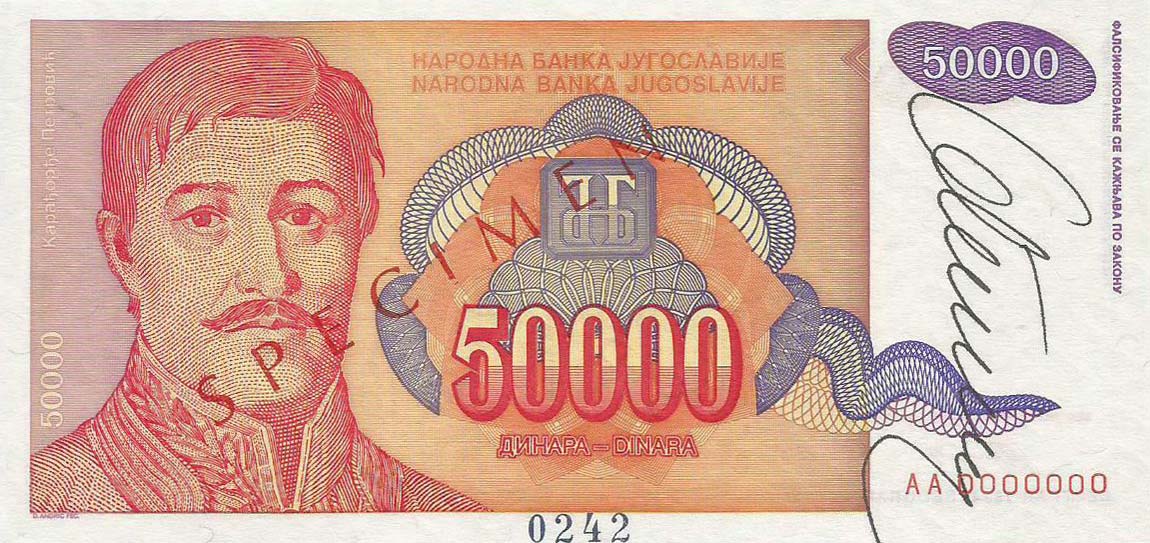 Front of Yugoslavia p142s: 50000 Dinara from 1994