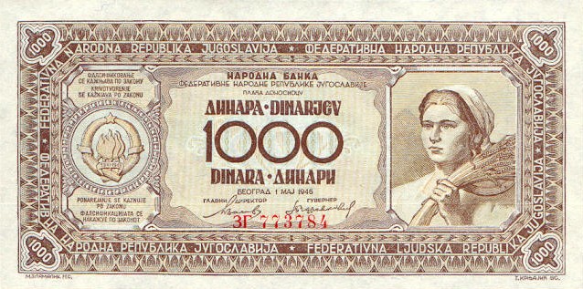 Front of Yugoslavia p67b: 1000 Dinara from 1946