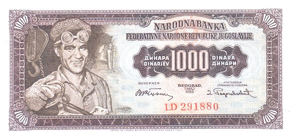 Front of Yugoslavia p71a: 1000 Dinara from 1955