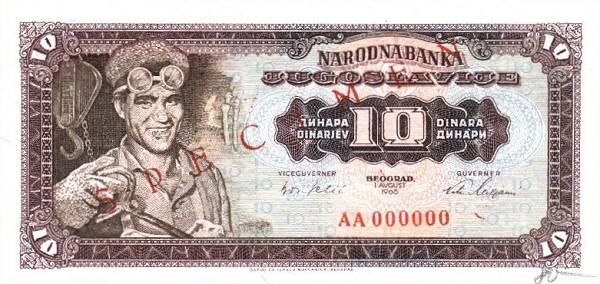 Front of Yugoslavia p78s: 10 Dinara from 1965