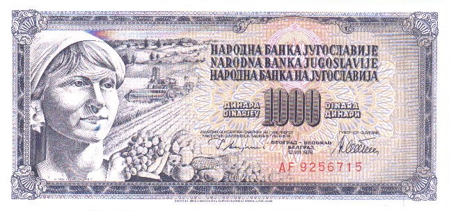 Front of Yugoslavia p92a: 1000 Dinara from 1978