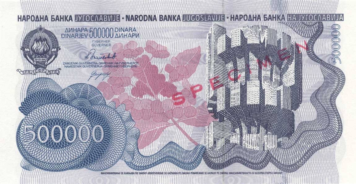 Back of Yugoslavia p98s: 500000 Dinara from 1989
