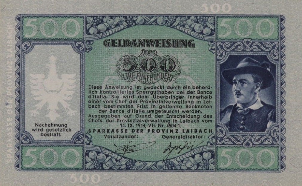Back of Yugoslavia pR23: 500 Lir from 1944