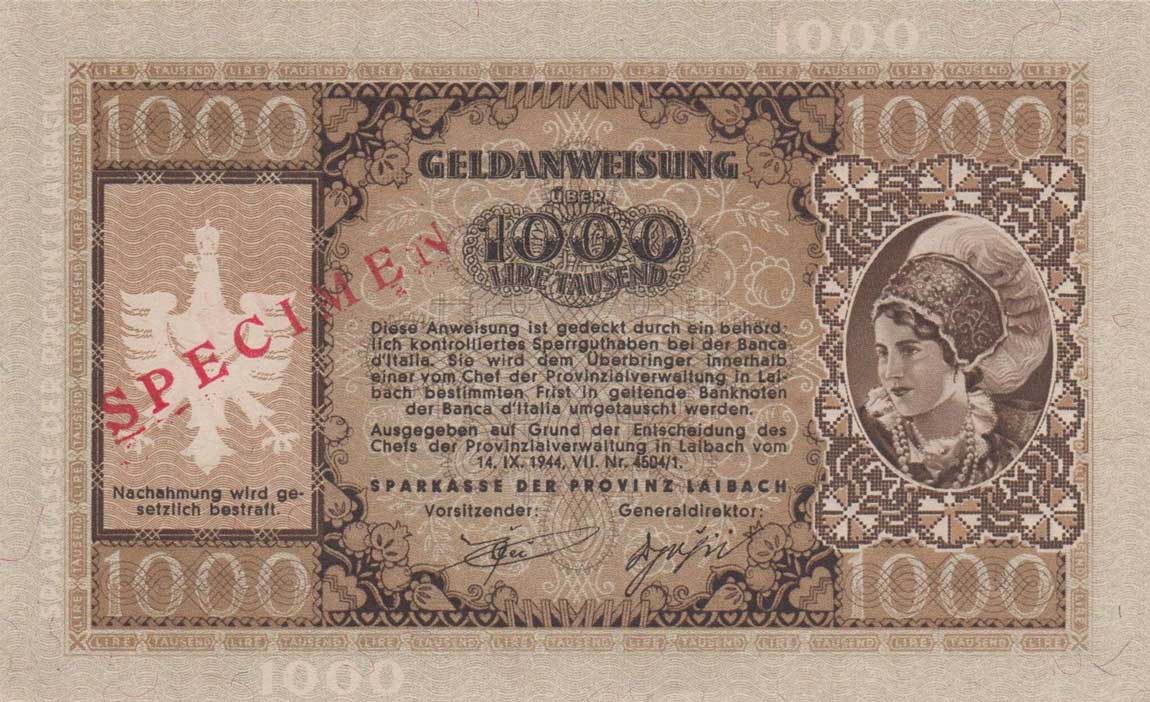 Back of Yugoslavia pR24s: 1000 Lir from 1944