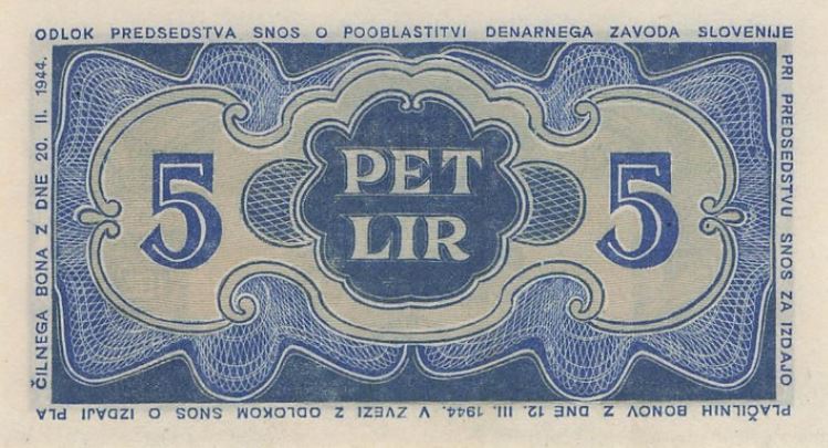 Back of Yugoslavia pS114: 5 Lir from 1944