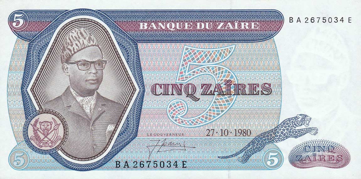 Front of Zaire p22b: 5 Zaires from 1980