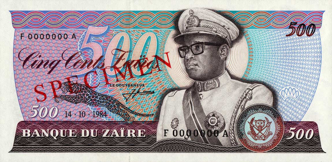 Front of Zaire p30s: 500 Zaires from 1985
