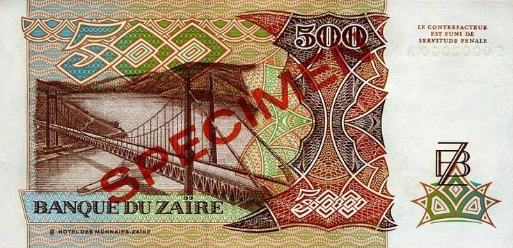 Back of Zaire p34s: 500 Zaires from 1989