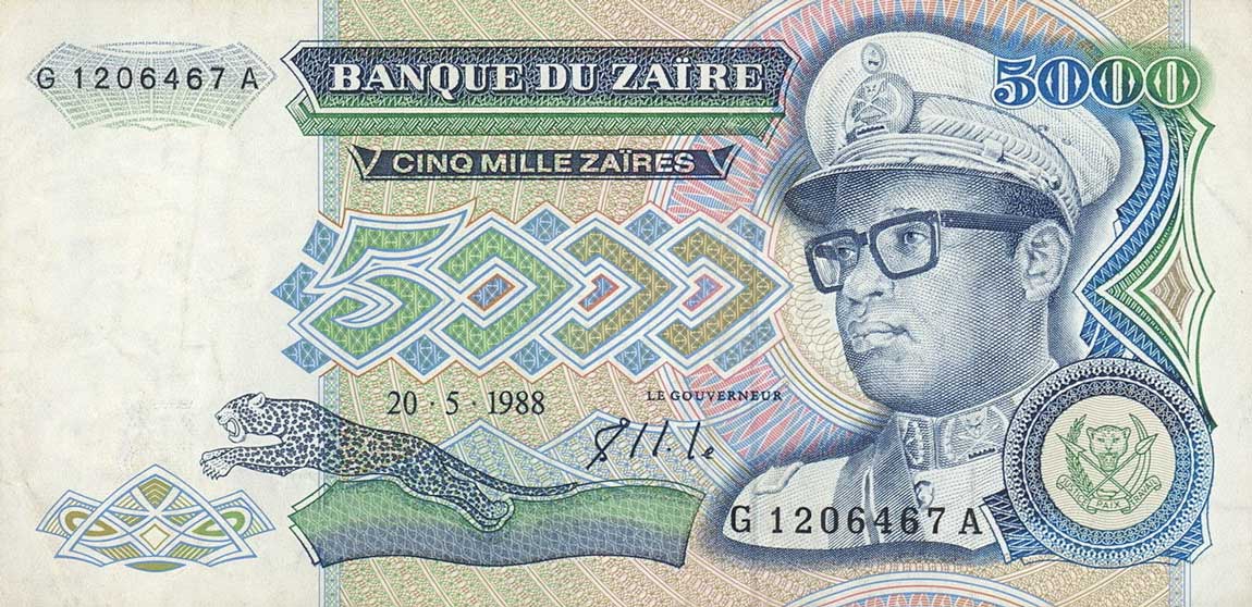 Front of Zaire p37a: 5000 Zaires from 1988