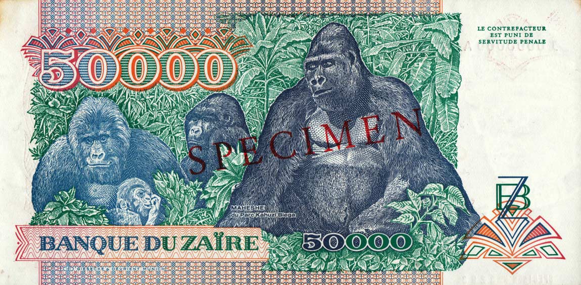 Back of Zaire p40s: 50000 Zaires from 1991