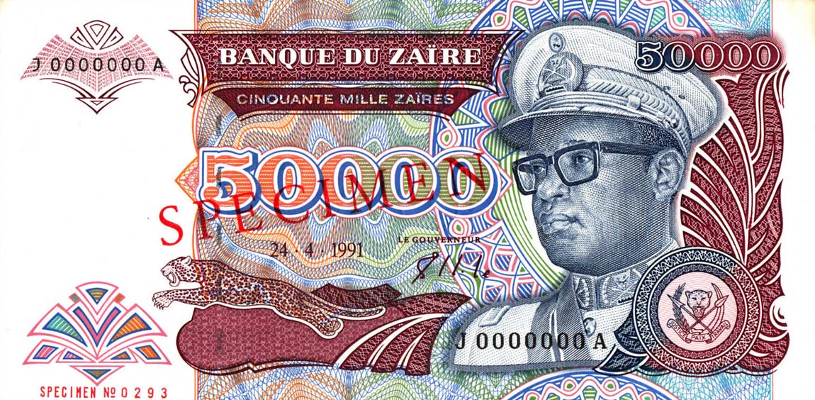 Front of Zaire p40s: 50000 Zaires from 1991