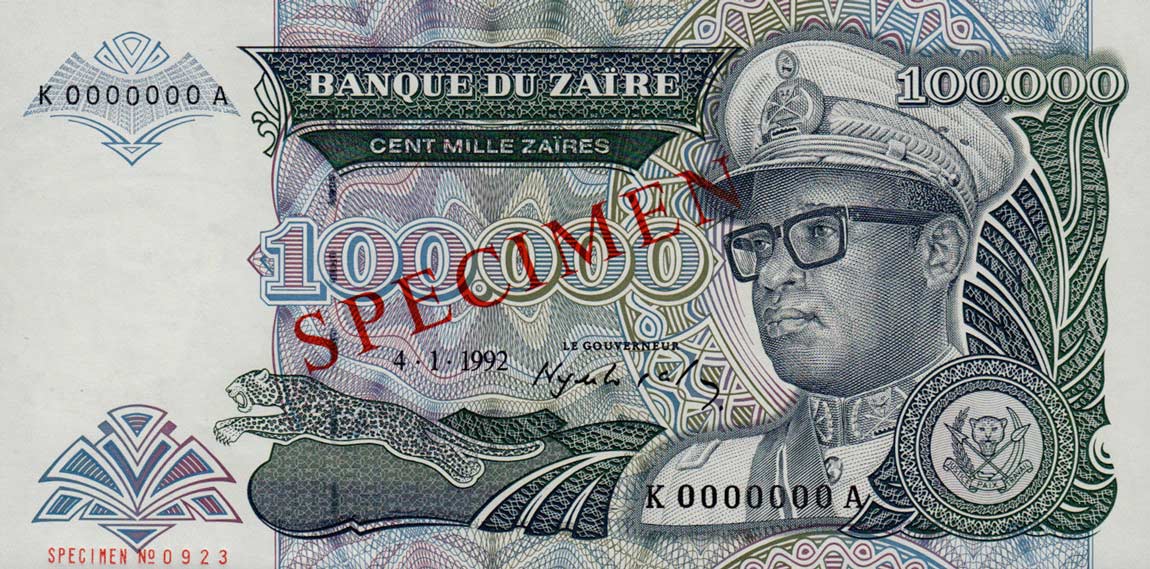 Front of Zaire p41s: 100000 Zaires from 1992