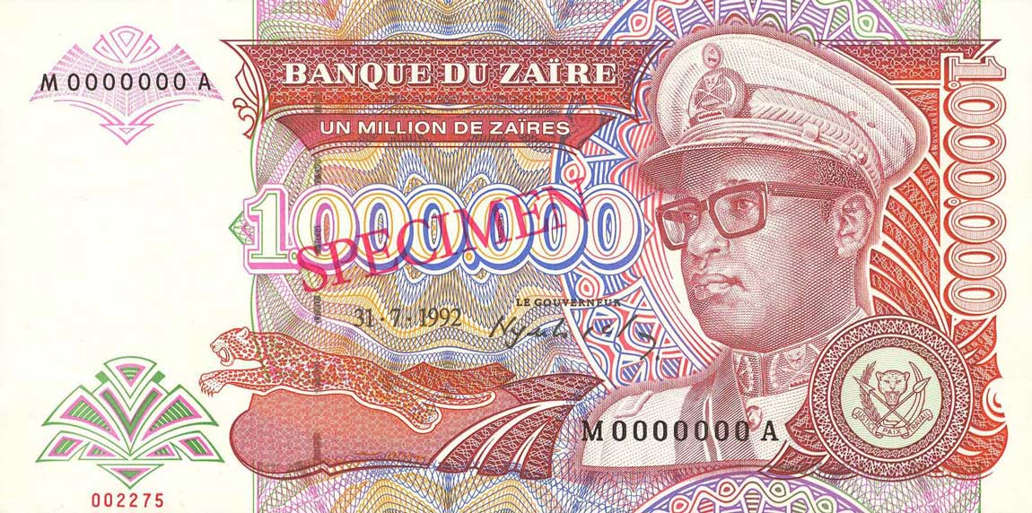 Front of Zaire p44s: 1000000 Zaires from 1992