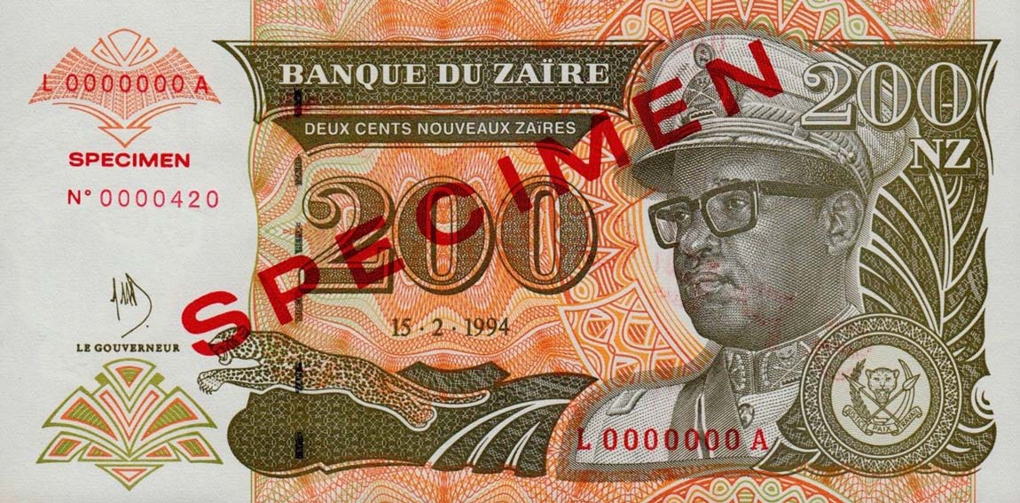 Front of Zaire p61s: 200 Nouveau Zaires from 1994