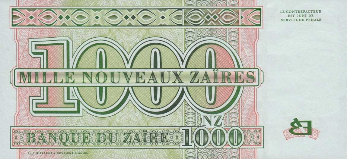 Back of Zaire p66a: 1000 Nouveau Zaires from 1995