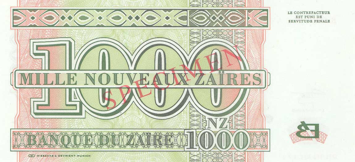 Back of Zaire p66s: 1000 Nouveau Zaires from 1995