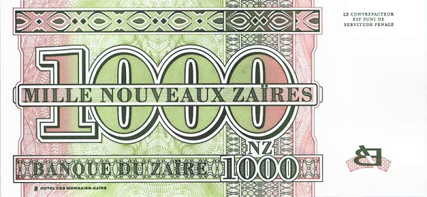 Back of Zaire p67: 1000 Nouveau Zaires from 1995