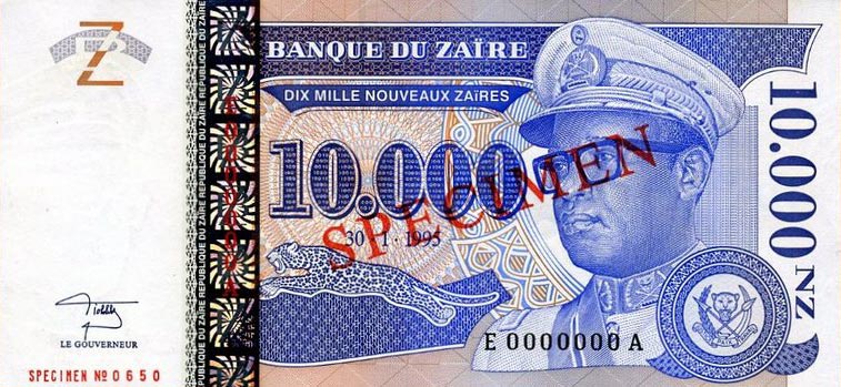 Front of Zaire p70s: 10000 Nouveau Zaires from 1995