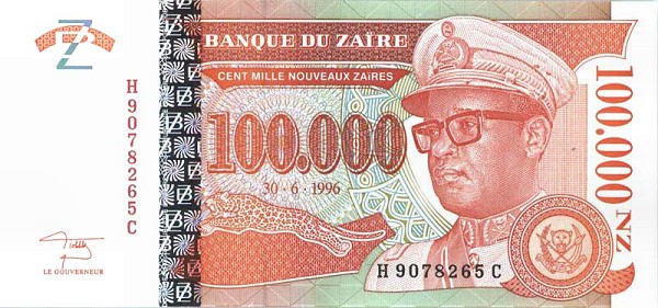 Front of Zaire p76a: 100000 Nouveau Zaires from 1996