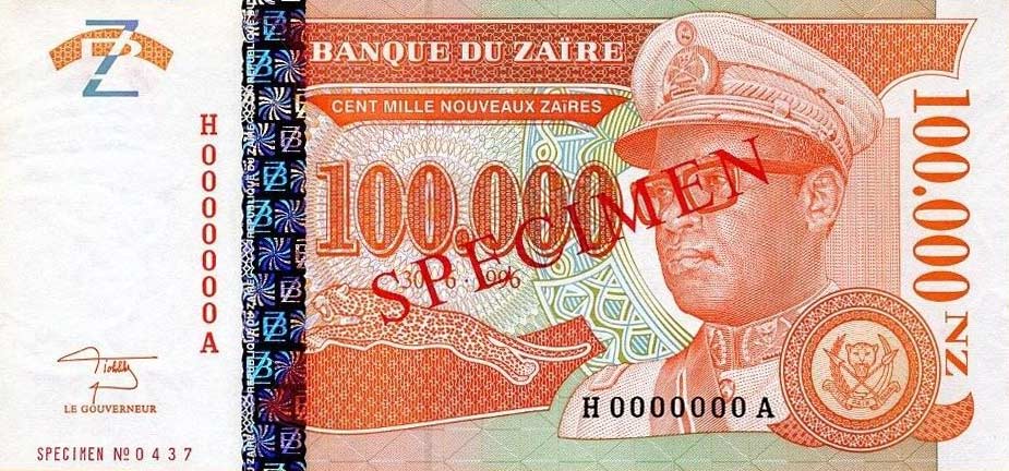 Front of Zaire p76s: 100000 Nouveau Zaires from 1996