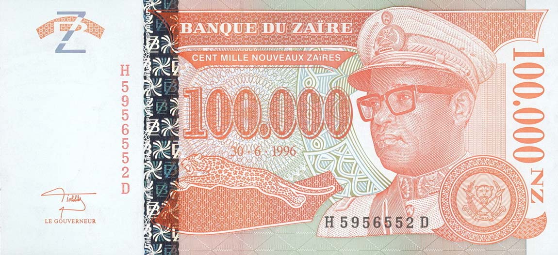 Front of Zaire p77: 100000 Nouveau Zaires from 1996