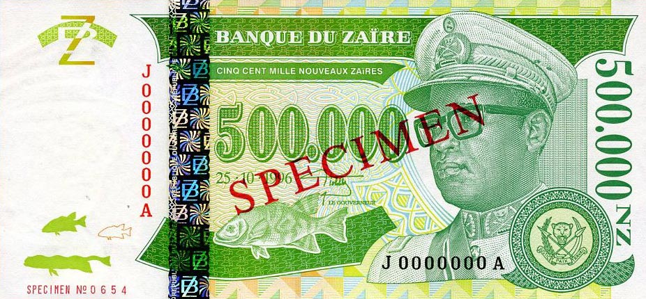 Front of Zaire p78s: 500000 Nouveau Zaires from 1996
