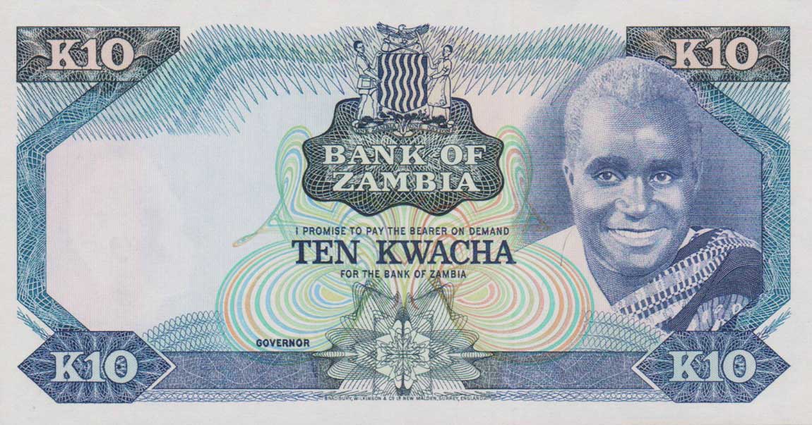 Front of Zambia p17p: 10 Kwacha from 1974